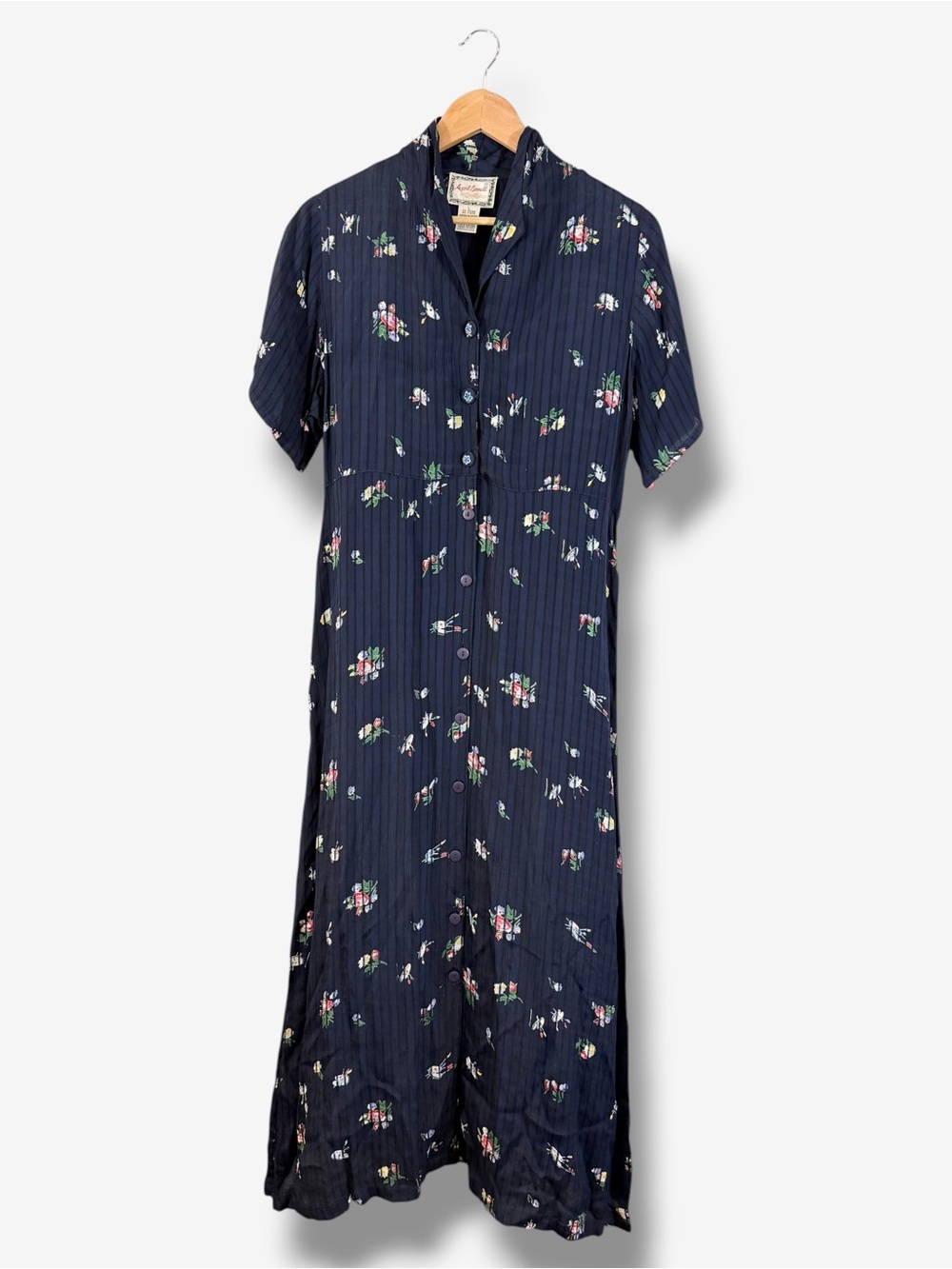 Vintage April Cornell Maxi Dress Size L Blue Floral Stripe Button Front Belted